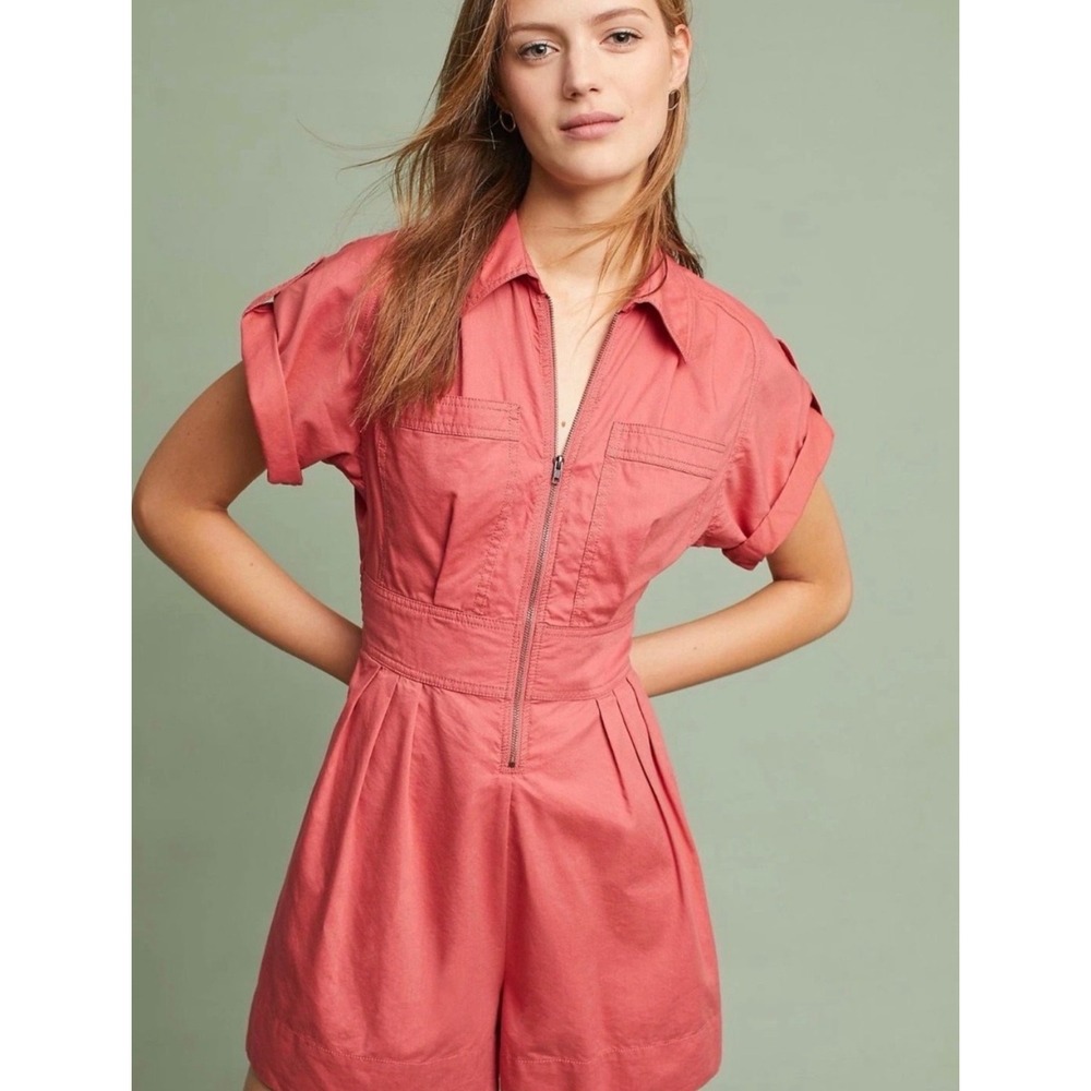 Holding Horses Anthropologie Coral Pink Utility Romper Zip Summer Casual 10